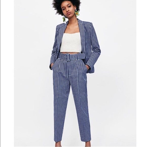 Zara Pants - ZARA Suit 2 Pc Blue Gingham Pantsuit Checkered Plaid Blazer & Pants Co-ord Set
